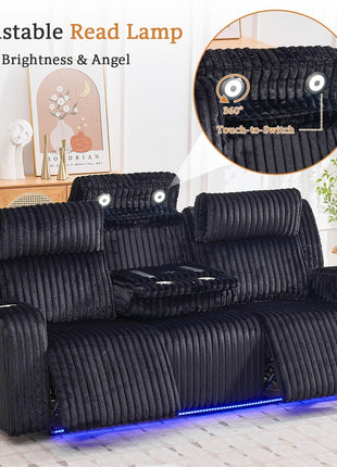 Power Reclining Sofa Set with Adjustable Headrests, Zero Gravity Recliner Couch with Console, Drop-Down Table, Bass Speakers, and Reading Light for Living Room (Black)