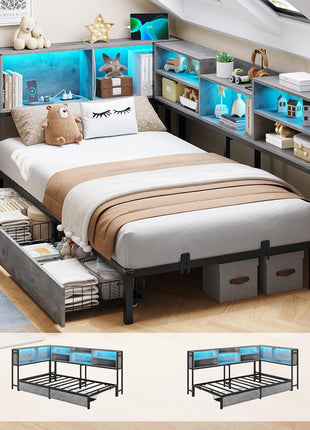 Twin Corner Bed Frame with Bookcase Storage Headboard and LED Lighting, Metal Platform Design with Drawers and Charging Station, Ideal for Kids and Teens, Oak Gray Finish