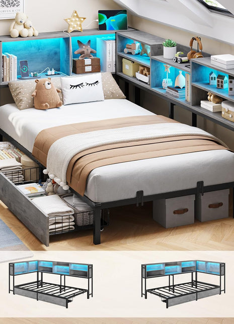 Twin Corner Bed Frame with Bookcase Storage Headboard and LED Lighting, Metal Platform Design with Drawers and Charging Station, Ideal for Kids and Teens, Oak Gray Finish