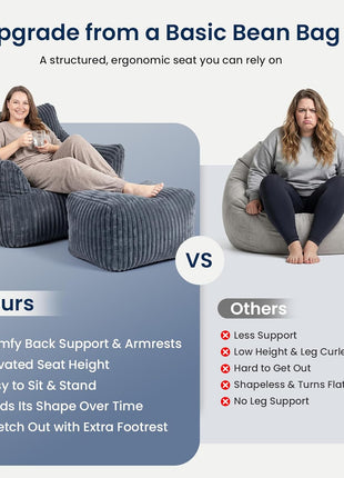 Oversized Bean Bag Chair with Ottoman for Adults, Plush Lounge Sofa Bed for Living Room and Bedroom - Grey