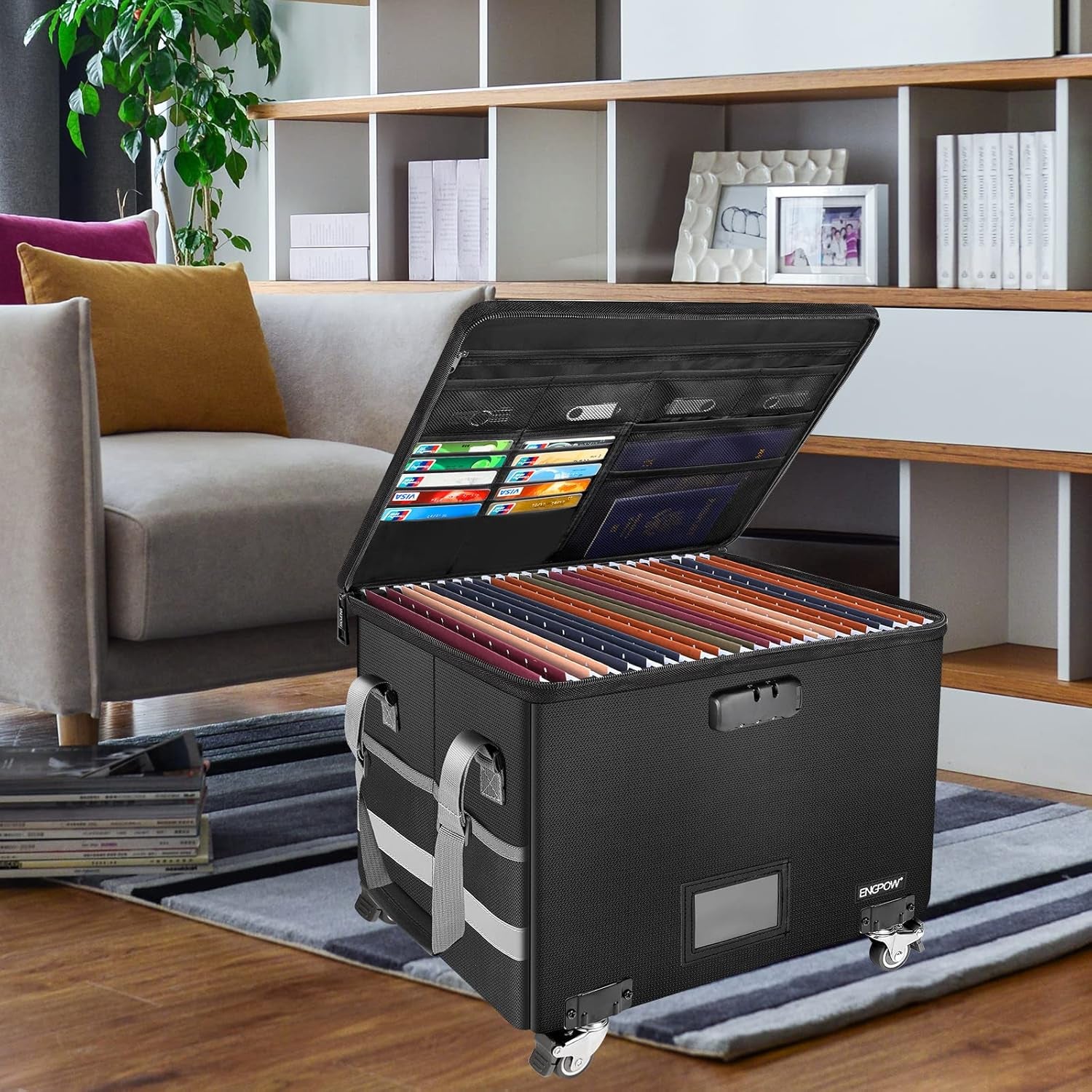 Fireproof Document Box with Wheels, Collapsible File Box with Lock, Rolling File Storage Organizer Filing Cabinet with Pockets, Portable Home Office Safe for Hanging Letter/Legal Folder