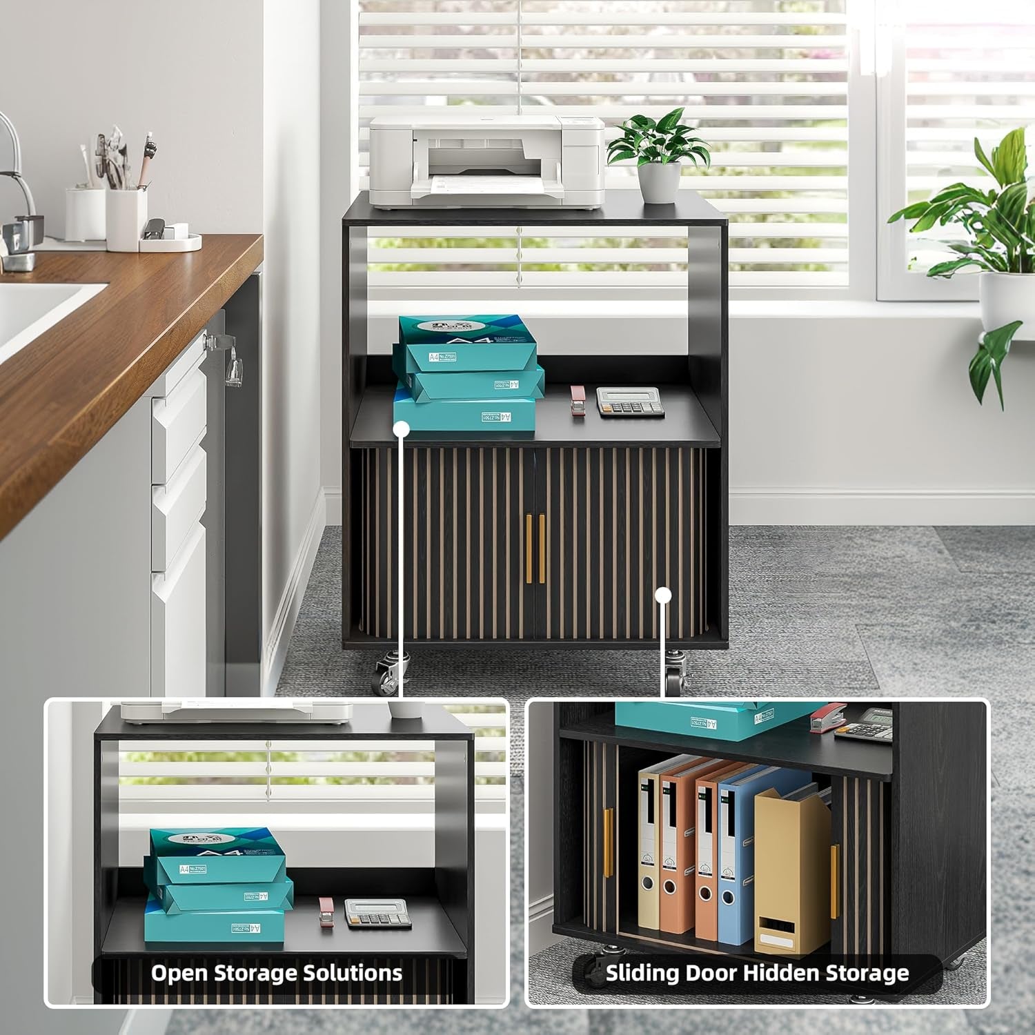 Printer Stand with Storage, File Cabinets with Sliding Doors, Rolling Printer Cart under Desk with Open Storage Shelf for Home Office, Workspace (Black, 23.62" L)