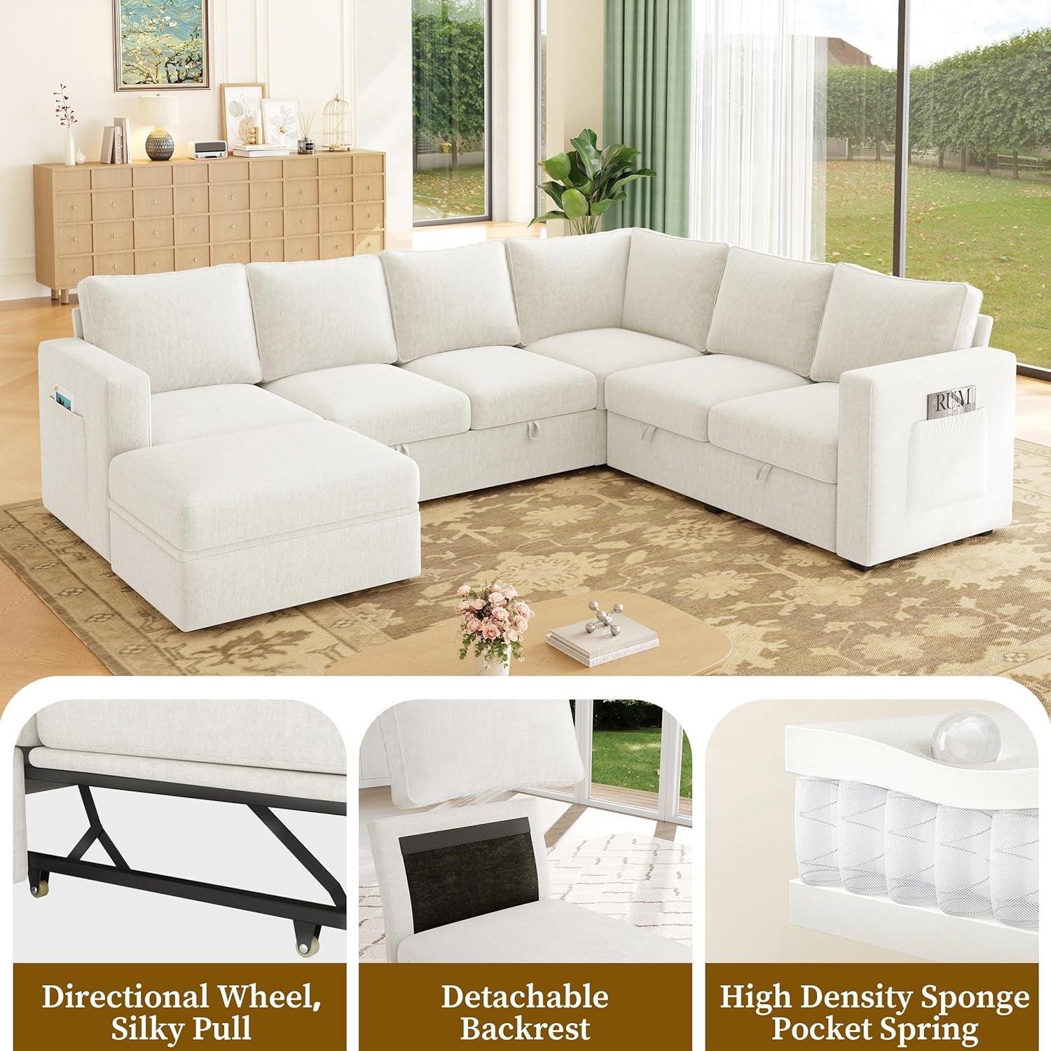 83.5" Sectional Sleeper Sofa with Pull Out Couch, Modern 5 Seat L Shaped Modular Couch, Sectionals Modular Sofa with Storage, Comfy Sectional Couches for Living Room & Apartment, Light Beige