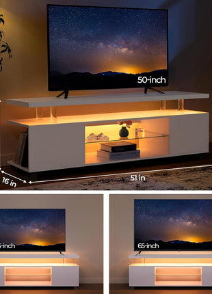 Contemporary White LED TV Stand with Storage for 55-65 Inch Televisions - Living Room Entertainment Center