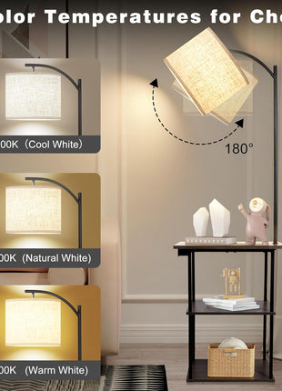 Contemporary Floor Lamp with Built-in Charging Station and Shelving, 9W LED Bulb with Adjustable Color Temperatures, Perfect for Bedroom and Living Room