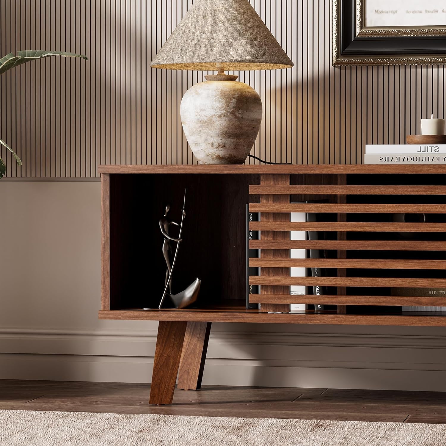 Mid Century Modern TV Stand for 50/55/60 Inch TV, Entertainment Center with Storage & Sliding Door, Wood Media Console, TV Stand for Living Room, Bedroom, Walnut