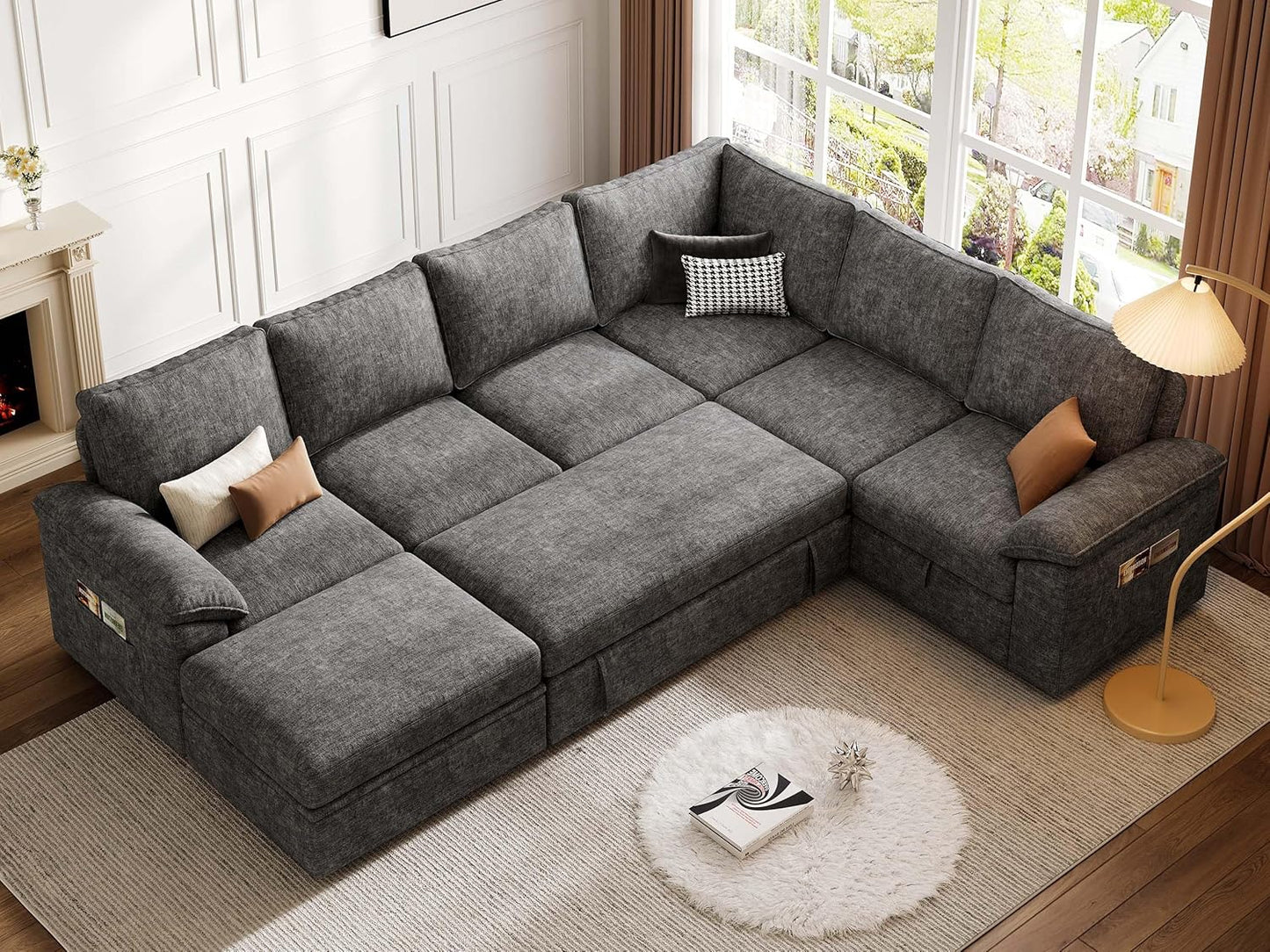108 Inch Sectional Sleeper Sofa with Pull Out Bed, U Shaped 7 Seat Modular Sectional Sofa with Storage, Sectional Couches for Living Room, Cloud Modular Couch,Removable Sofa Cover, Dark Grey
