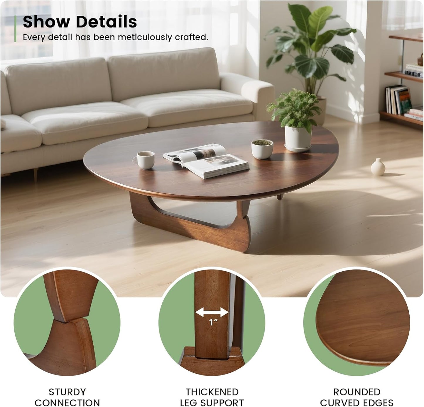 Solid Wooden Modern Triangle Coffee Table: Unique Funky Coffee Tables for Living Room, Oval Mid-Century Irregular Abstract Tea Tables for Patio Office Balcony Bedroom (Walnut, 33" L X 22" W X 16" H)