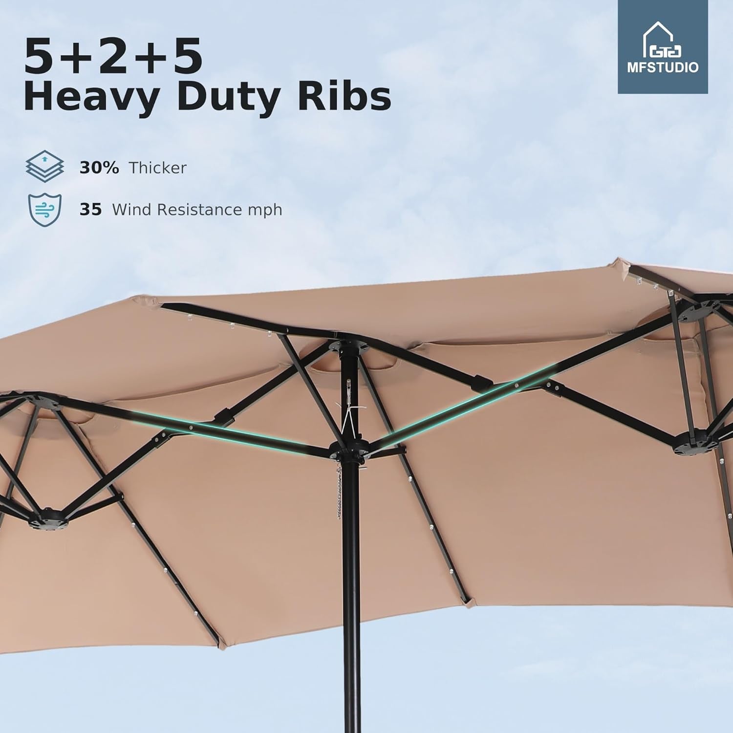 15Ft Double Sided Patio Umbrella with Solar Lights, Outdoor Large Umbrellas with Crank Handle and 36 LED Lights, Rectangular Market Umbrella with Base Included for Deck Pool Shade, Beige