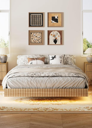3-Piece Queen Bedroom Set with Floating Bed Frame, Smart LED Lighting, and Two Nightstands in Fluted Walnut Finish