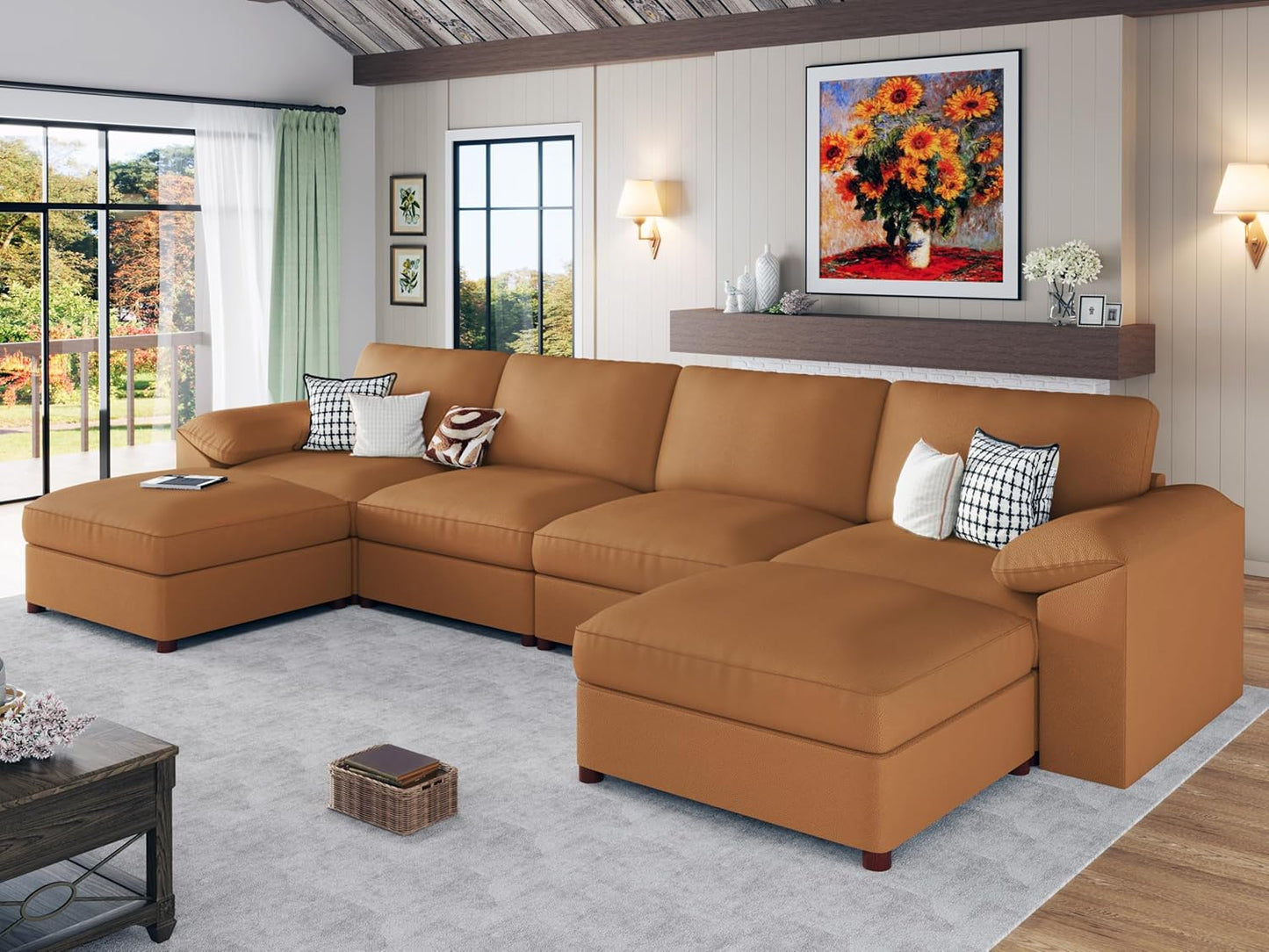 Brown Faux Leather Sectional Sofa,Leather Sectional Couch with Deep Seat,Extra Large U Shaped Couch,Oversized Modular Modern Scratch Resistant Sofas