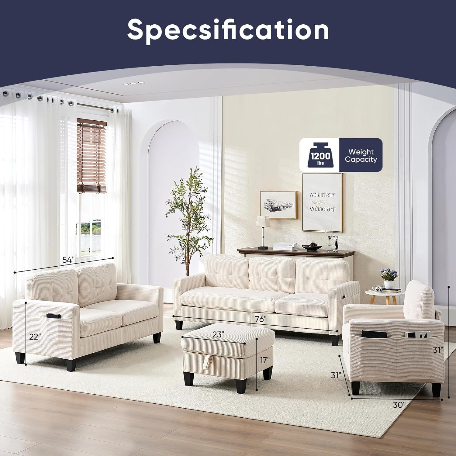 6 Seater Sectional Sofa Set W/Ottoman,3Pcs Modern Couch Set with Movable Storage Ottoman & Side Pockets,3 Seat L Shaped Couch Loveseat and Armchair for Living Room Furniture(3+2+1 Seat/Beige)