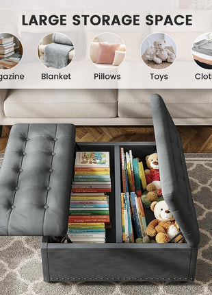 35-Inch Large Square Ottoman with Storage – Oversized Lift-Top Coffee Table Featuring Wood Legs and Tufted Upholstered Design for Living Room in Gray