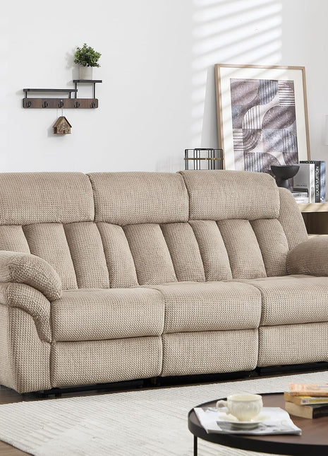 Manual Reclining Sofa Set with Overstuffed Armrests for Living Room, Bedroom, and Office - 3-Seater in Light Brown