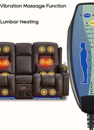 Premium Power Recliner Sofa with Flip-Up Backrest Console, USB & USB-C Ports, AC Outlet, LED Lighting, Space-Saving Design for Living Room and RV (Brown, 67" - 3 Seats) | Faux Leather, Zero Gravity, Dual Reclining, Includes 2 Lumbar Pillows and Bluetooth Speakers
