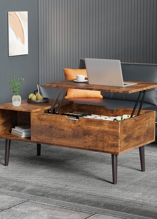 Lift-Top Coffee Table for Living Room - Compact Wooden Center Table with Storage Shelf and Concealed Compartment in Brown