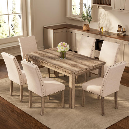 Rustic Dining Table Set for 6, Farmhouse Kitchen Dining Chairs for 6, Charming 60" Rectangular Wooden Table&6 Upholstered Chair with Nailhead Accents for Dining Hub,Breakfast Nook