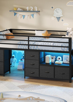 Twin Size Low Loft Bed with 7 Storage Drawers, Bookcase, LED Lights, Safety Guardrail, Inclined Ladder, Play Curtain, and Under-Bed Play Space in Black