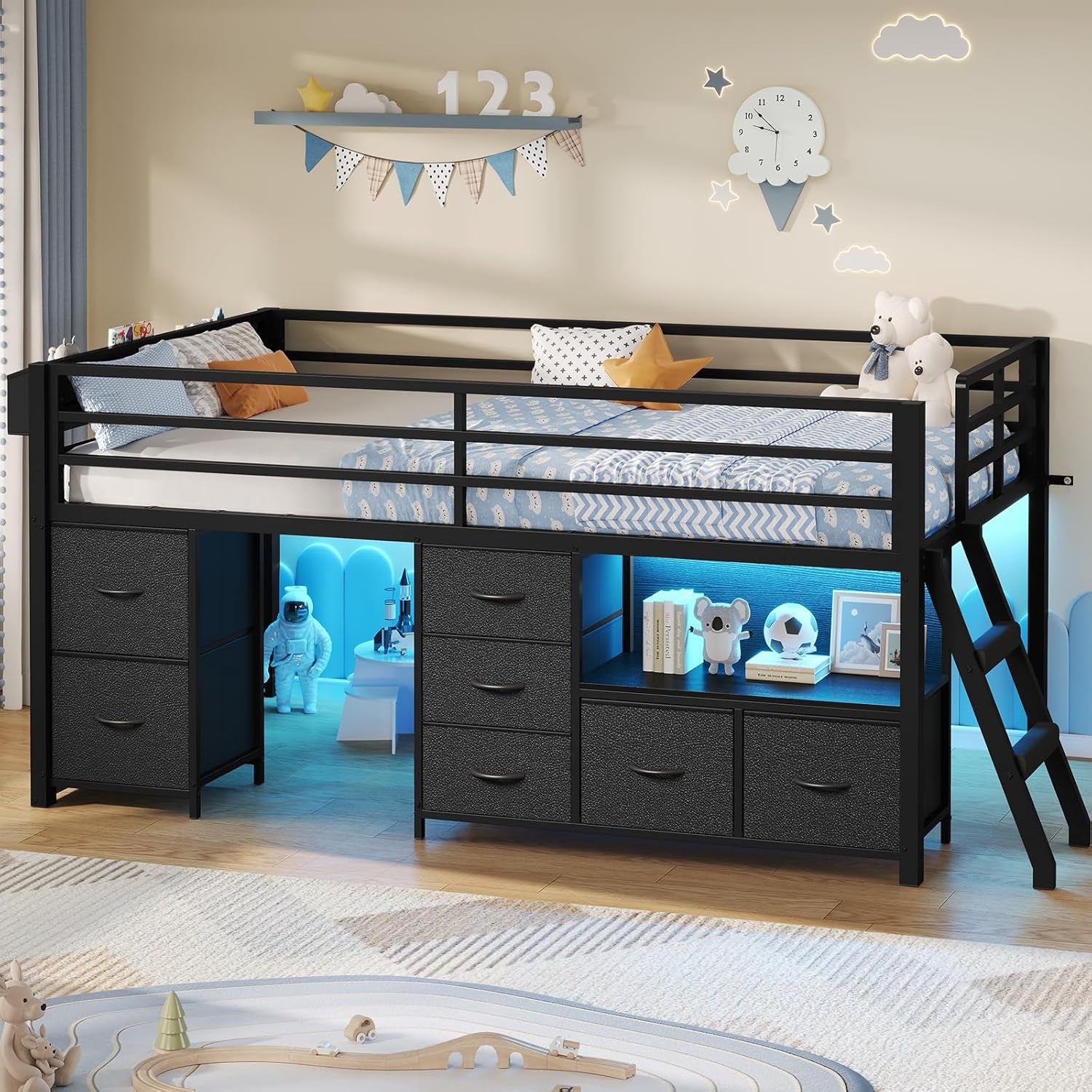 Low Loft Bed Twin Size with 7 Storage Drawers, Bookcase and LED Lights, Metal Kids Loft Bed with 14" H Safety Guardrail,Inclined Ladder and Play Curtain, Under-Bed Play Space, Black