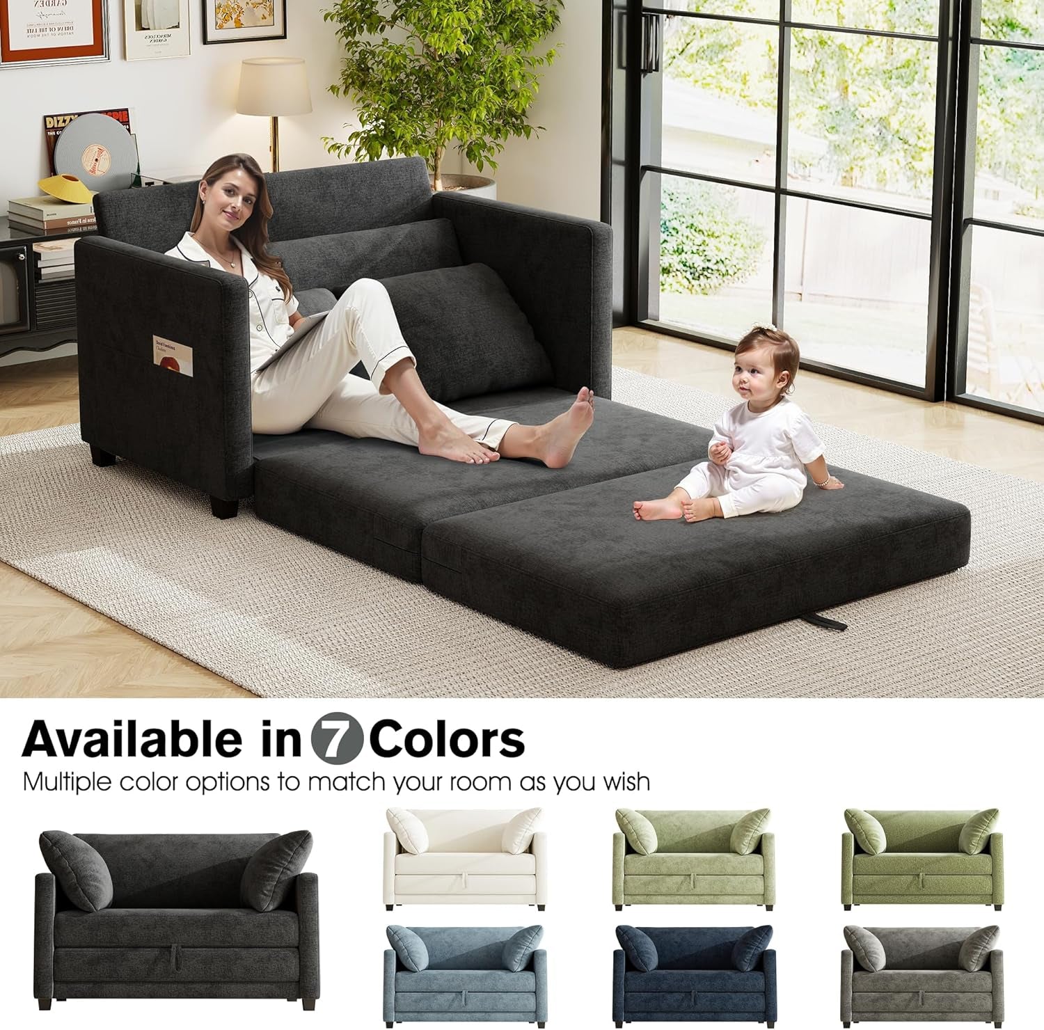 51" Loveseat Sleeper Sofa Bed, Chenille Convertible Floor Sofa Bed for Small Spaces, Folding Couch Bed with Deep Seat, 2 Pillows & Solid Frame, Pull Out Floor Couch for Living Room, Black