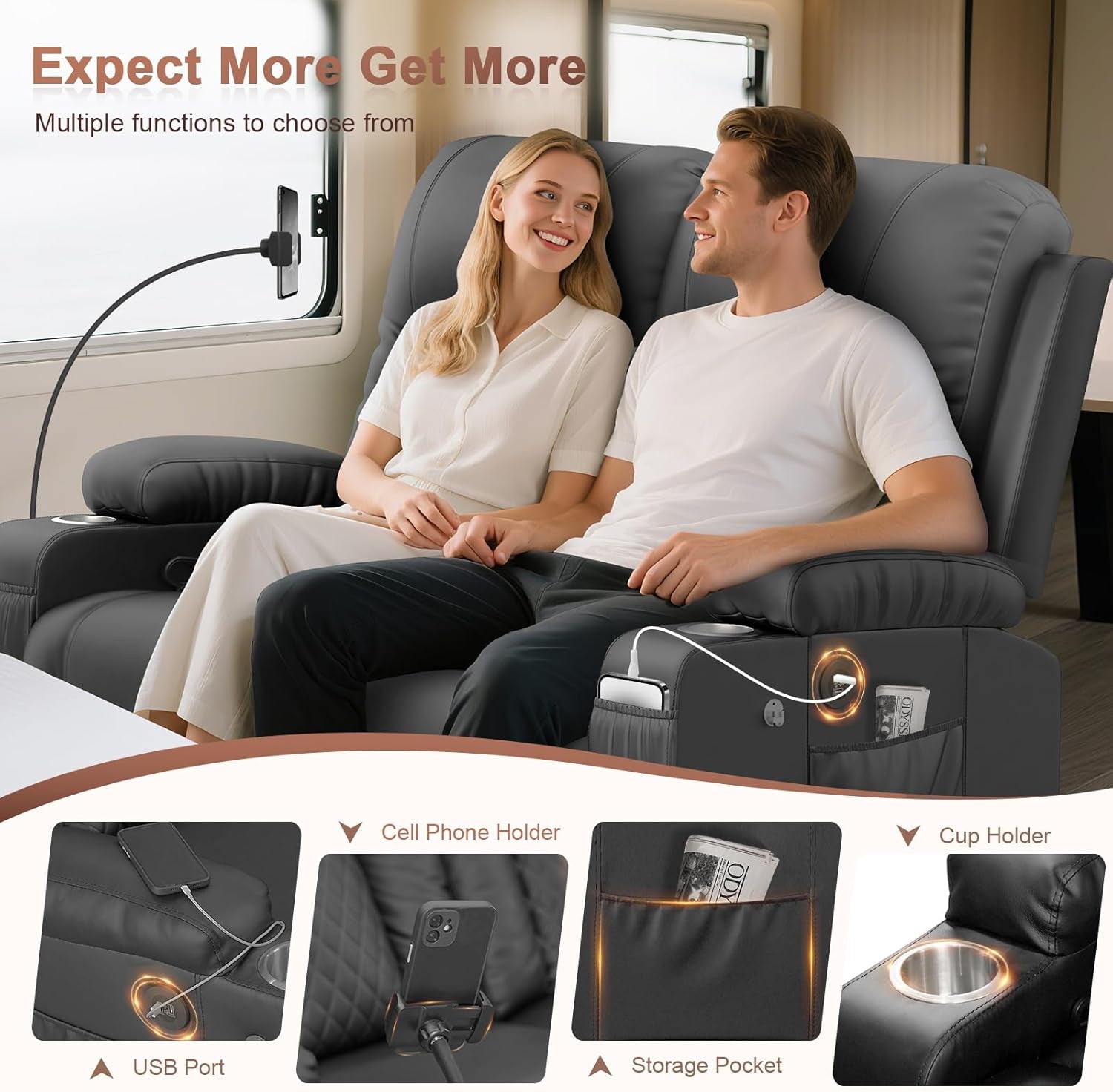 RV Loveseat Recliner Sofa, Reclining Loveseat Wall Hugger Recliners with USB Ports, Cup Holders, Insert Pockets, RV Recliners for Travel Trailers & Living Room, RV Furniture | RV Couch | Gray