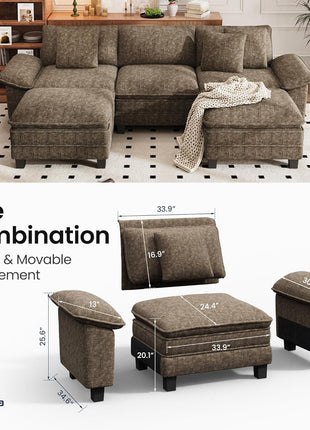 Cloud Modular Couch Sets: 123.6" U-Shaped Sectional Sofa with 5-Seater Capacity and 2 Movable Ottomans, Chenille Fabric in Taupe for Living Room