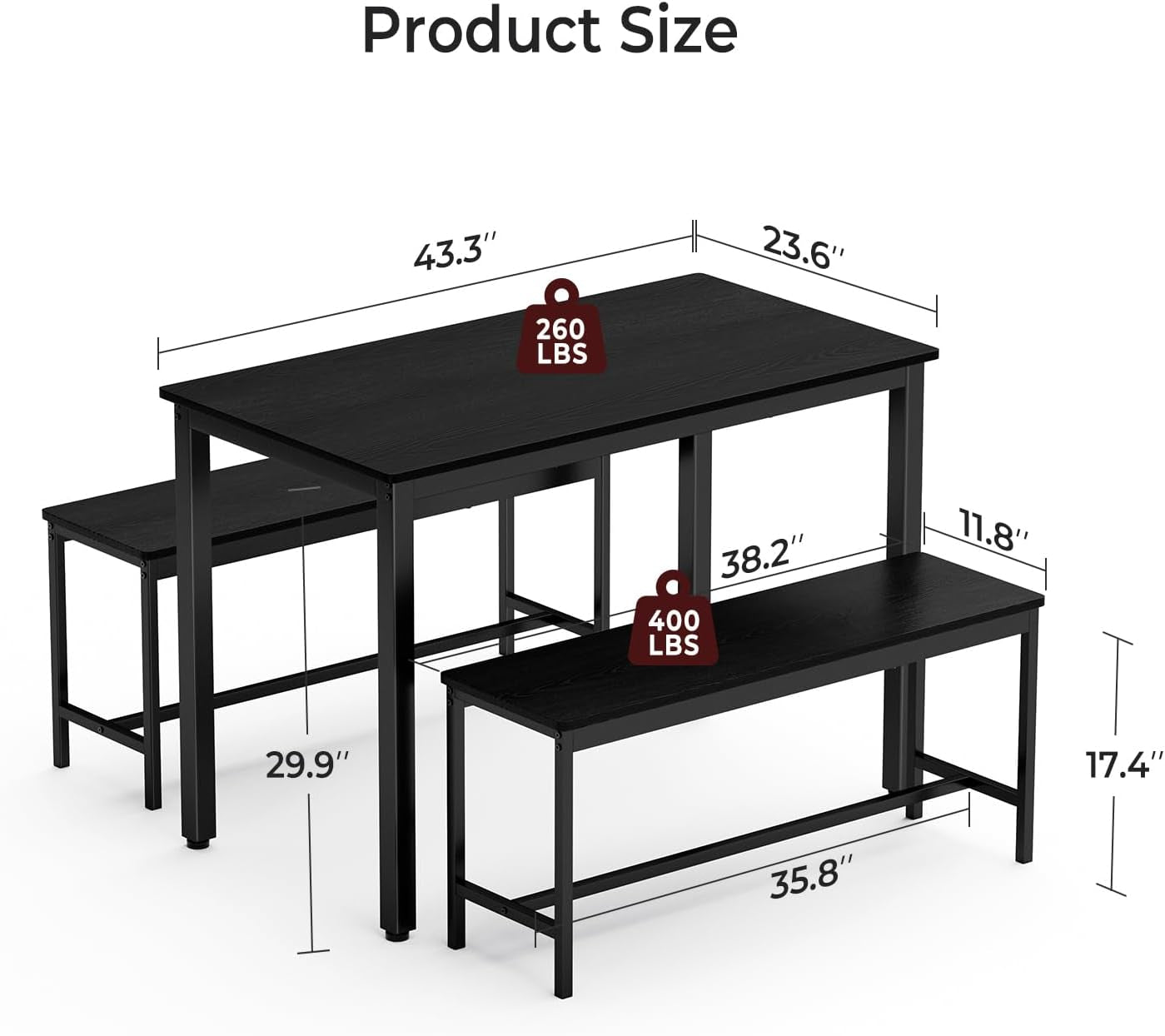 Dining Table Set for 4, 3-Piece Kitchen Table with 2 Benches, Space-Saving Dining Room Set for Breakfast Nook and Small Spaces, Black