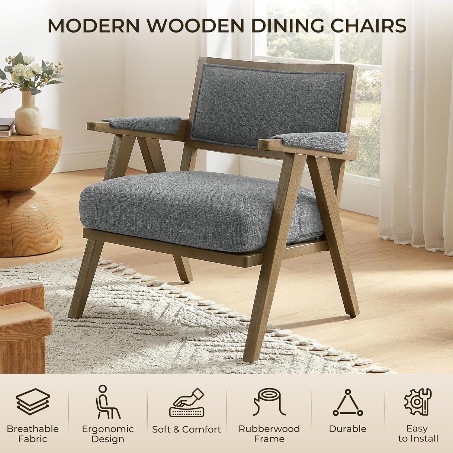 Mid-Century Modern Living Room Chair - Faux Shearling Upholstered Accent Chair with Solid Wood Frame, 265Lb Weight Capacity, Comfortable Seating for Living Room Bedroom Grey