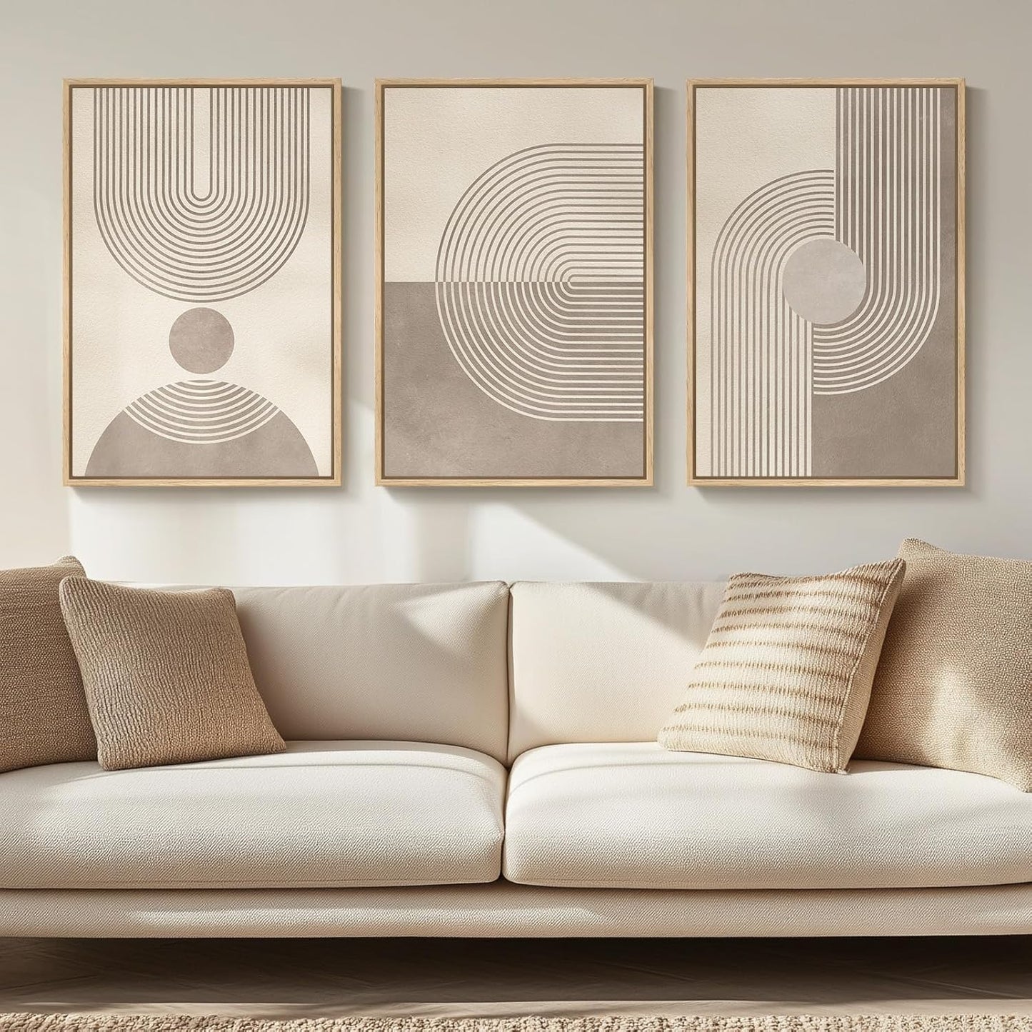 Framed Boho Neutral Abstract Wall Art for Living Room, 3 Piece Mid Century Modern Painting Prints, Minimalist Geometric Canvas Artwork for Dining Room Bedroom Hallway Office Wall Decor, 16X24 In
