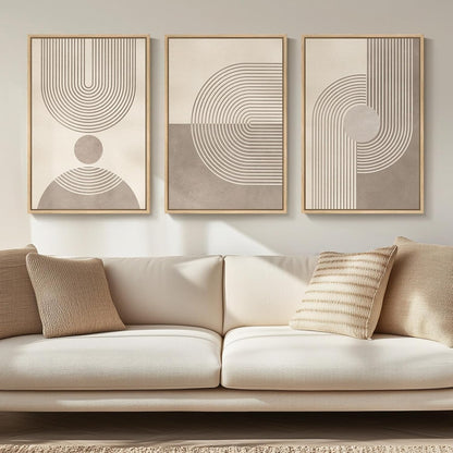 Framed Boho Neutral Abstract Wall Art for Living Room, 3 Piece Mid Century Modern Painting Prints, Minimalist Geometric Canvas Artwork for Dining Room Bedroom Hallway Office Wall Decor, 16X24 In