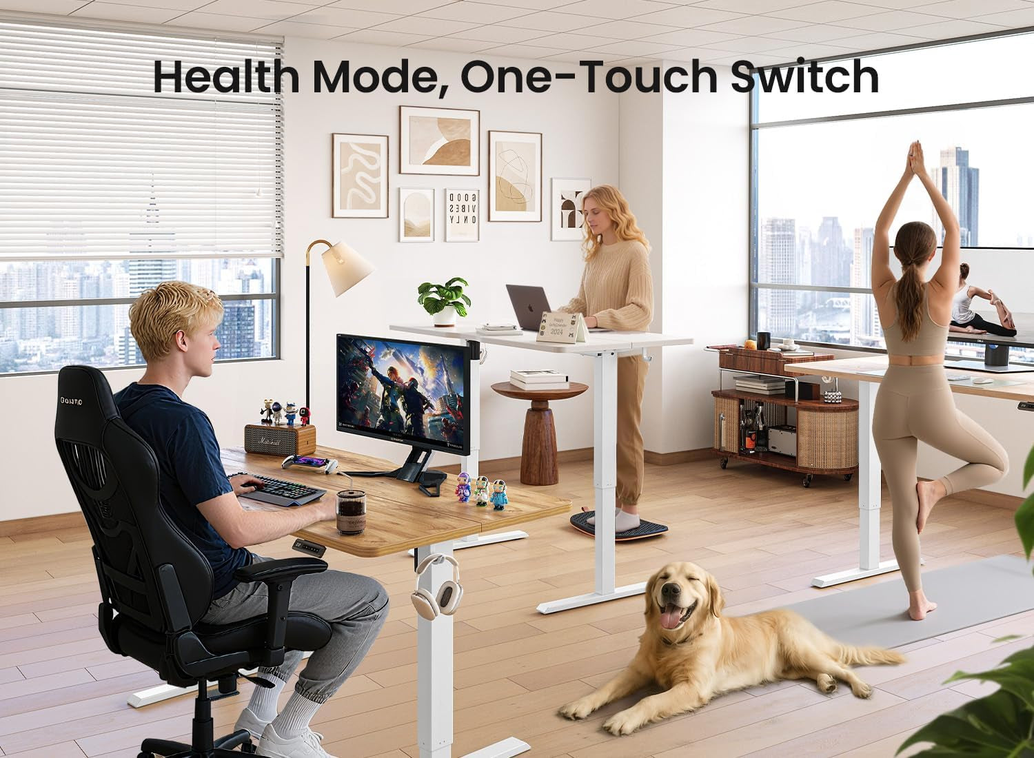 48 × 24 Inches Standing Desk, Ergonomic, Electric Height Adjustable, Sit and Stand Up, Computer Office Desk with Splice Board, White Frame/Maple Top