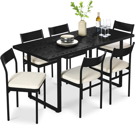 7-Piece Modern Dining Room Set, Kitchen Table Set, Dining Table W/ 6 Chairs, Upholstered Cushions, Solid Metal Frame, Curved Backrest - Black/Ivory