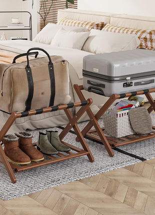 Fully Assembled Bamboo Luggage Racks Set of 2 with Shoe Shelf, Foldable Suitcase Holders for Guest Rooms, Bedrooms, and Hotels in Walnut Finish