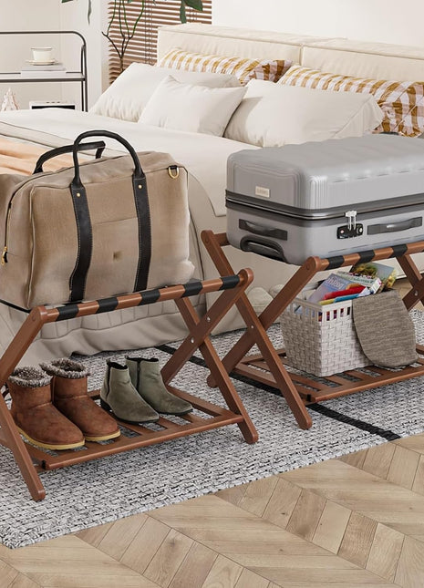 Fully Assembled Bamboo Luggage Racks Set of 2 with Shoe Shelf, Foldable Suitcase Holders for Guest Rooms, Bedrooms, and Hotels in Walnut Finish