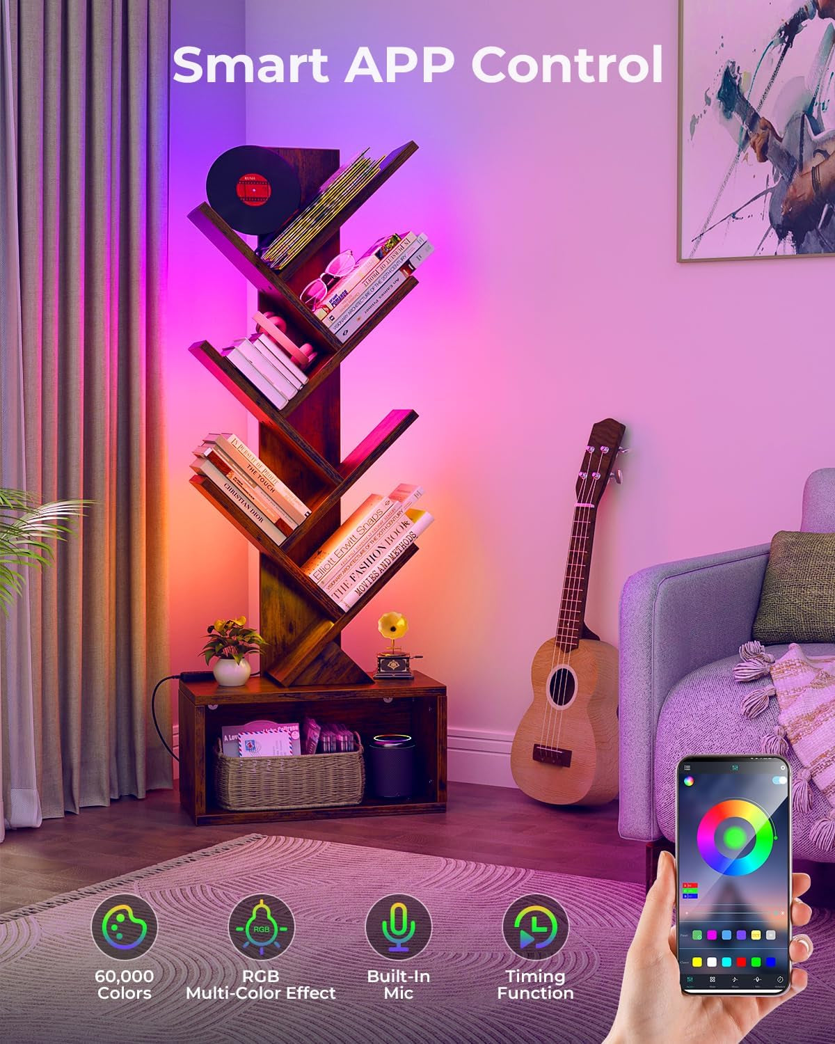 6 Tier Tree Bookshelf with Lights, LED Book Tree Bookcase with Storage Organizer, Small Corner Bookshelf Floor Standing Book Shelf for Living Room, Bedroom & Home Office, Rustic Brown