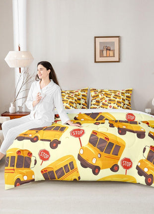 School Bus Twin 7-Piece Bedding Set for Children, Cartoon Vehicle Bed in a Bag for Boys and Girls, School-Themed Comforter Set with Sheets, Yellow Transportation Bed Set