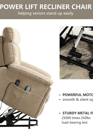 Dual Motor Power Lift Recliner Chair for Seniors – Extra Wide 27" Seat, 450 lbs Capacity, Infinite Position Adjustment, Heated Massage, Cup Holders, and USB Port in Camel Fabric