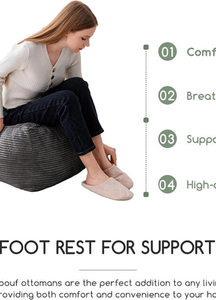 Square Corduroy Pouf Ottoman with Foam Filling, Fluffy Foot Stool and Storage Solution, 25.6 x 25.6 Inches in Dark Grey