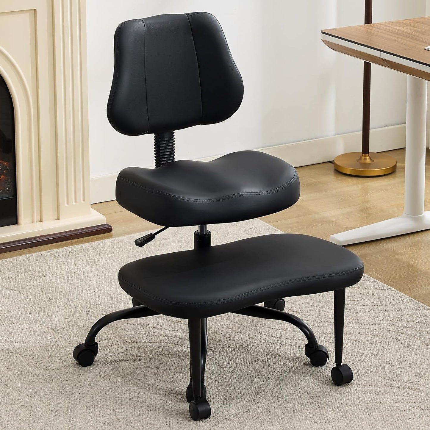 Ergonomic Cross Legged Office Chair, Criss Cross Chair with Wheels, 360°Swivel ADHD Meditation Kneeling Yoga Seat with Adjustable Height, Ergonomic Back Support and Leg Rest, Leather (Black)