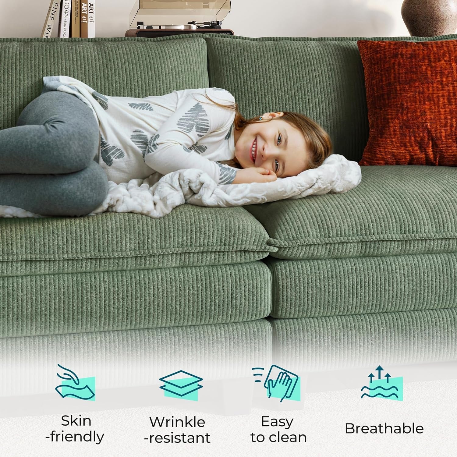 123'' Modular Sectional Sofa Green Couch Corduroy Cloud Couches for Living Room, L Shaped Couch with Movable Ottoman, Modern Cloud Sectional Sofas for Bedroom and Apartment, Green