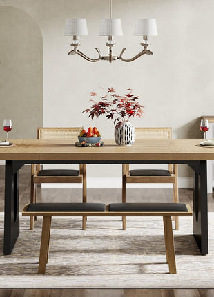 70.9-Inch Rustic Rectangular Dining Table for 6-8 with Black Wooden Legs, Farmhouse Style Oak and Black Finish for Dining and Living Room