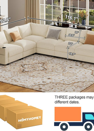 Luxurious FSC Certified Velvet U-Shaped Sectional Sofa - Oversized Convertible Sleeper Couch with Detachable Armrests, Seats Up to 6 in Chenille Beige