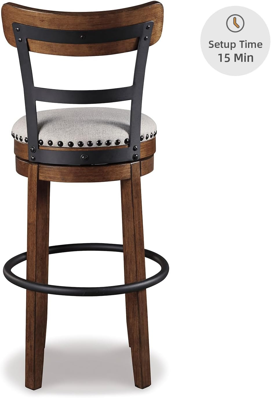 Valebeck | 30″ Farmhouse Pub-Height Swivel Barstool with Back – Upholstered Cushion, Nailhead Trim, Metal & Wood Frame, Brown