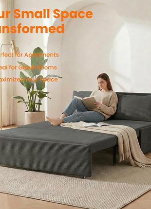 Elegant 3-in-1 Queen Size Pull-Out Sofa Bed - Plush Corduroy Couch with Tri-Fold Mattress and Pillows for Compact Living - Dark Grey