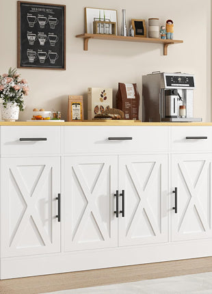 53-Inch Contemporary Farmhouse Buffet Cabinet with Storage Solutions, Adjustable Shelves, and Drawers for Kitchen and Dining Room, White Finish