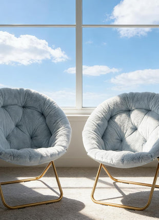 Set of 2 Adult Faux Fur Saucer Chairs - Comfortable Lounge Seating for Living Room, Bedroom, Dorm, and Apartment with Thick Padding and Folding Metal Frame (Blue)