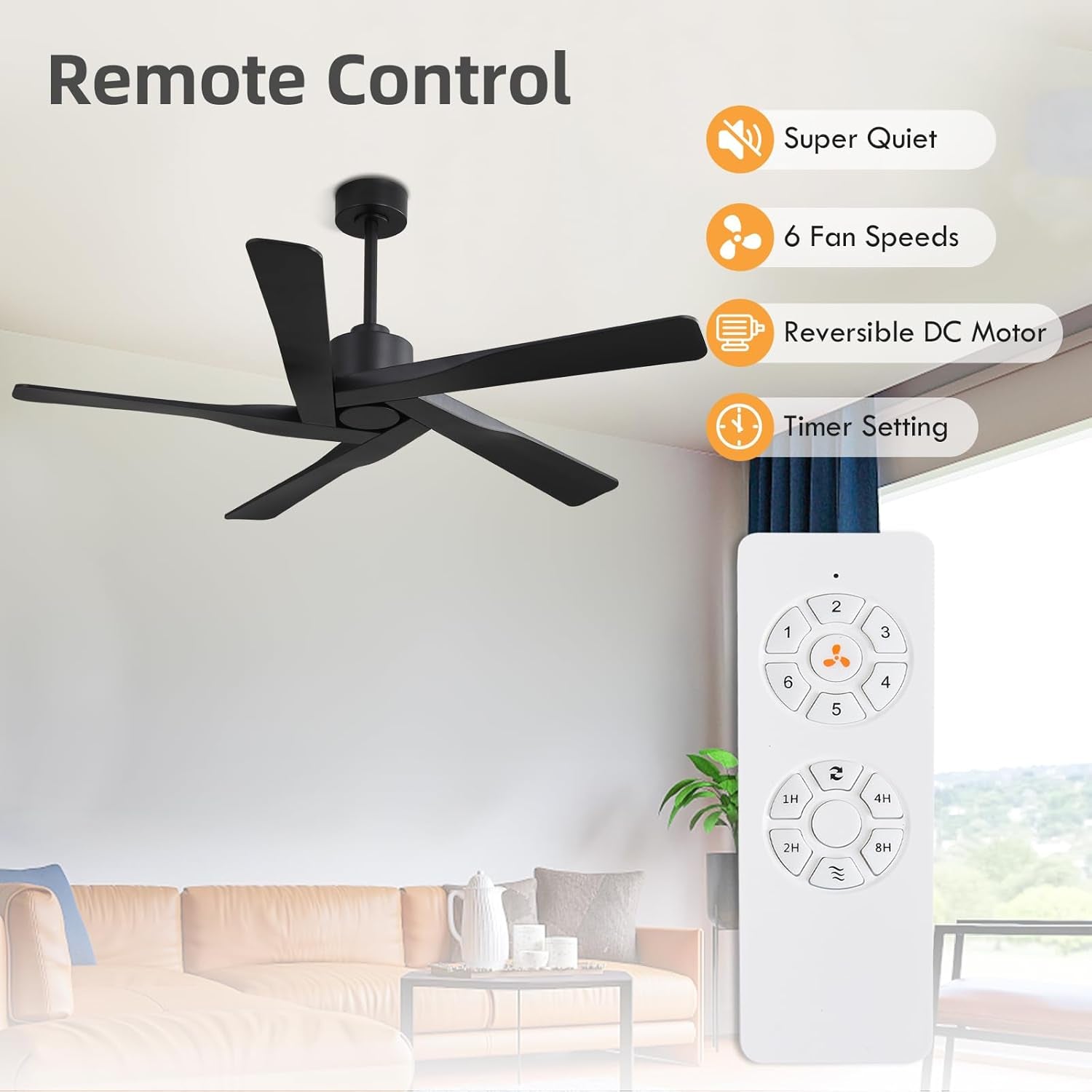 54" ABS DC Ceiling Fan No Light, 5 Blade ABS Plastic Ceiling Fan with Remote, 6-Speed Reversible DC Motor, Ceiling Fans without Light for Kitchen Bedroom Living Room, Matte Black
