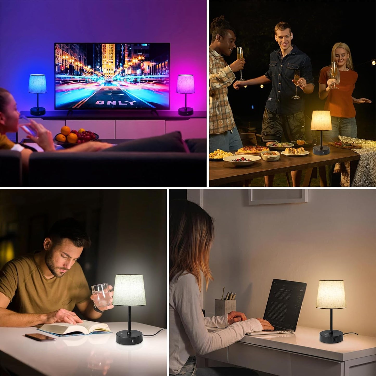 Small Bedside Table Lamp Set of 2, RGB Color Changing Lamps, 3 Color Temperatures, Dimmable Nightstand Lamp with USB C+A Ports, Touch Desk Lamp for Bedroom Living Room, H11.4In(Flaxen Shade)