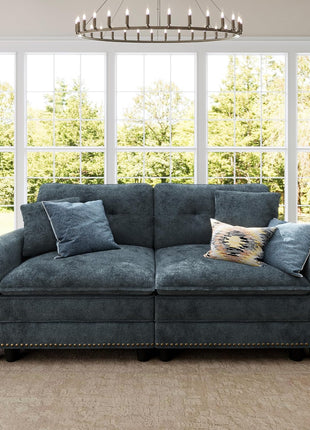73.2" Oversized Modular Cloud Loveseat with Deep Seats, Mid-Century Modern Design, Nailhead Trim, and Included Throw Pillows in Chenille Cyan for Living Room
