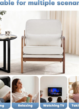Set of 2 Mid-Century Modern Accent Chairs with Armrests and Cushions, Perfect for Living Room and Bedroom, Solid Wood Frame, Cream Finish